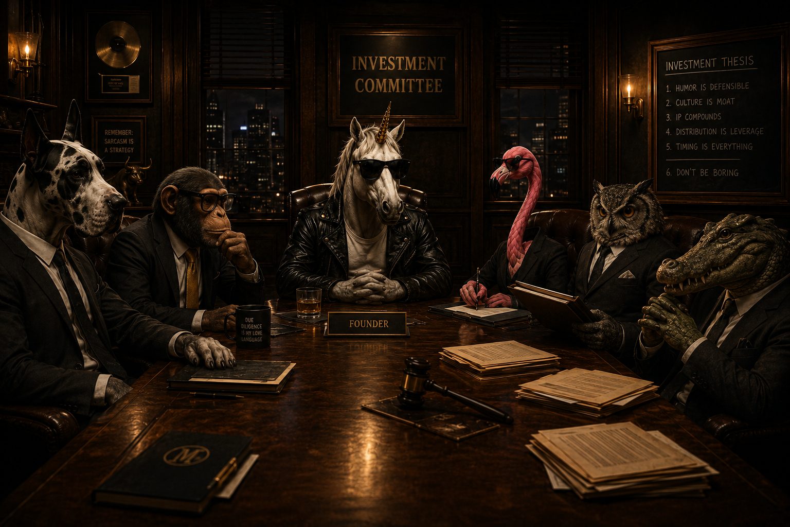 The Series A Minor Investment Committee in session: six animal partners around the boardroom table beneath the investment thesis